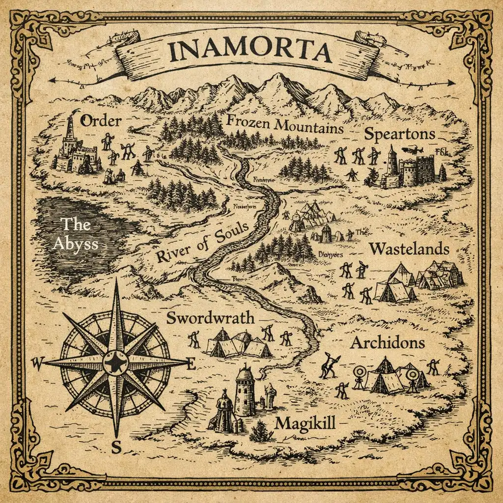 Ręcznie rysowana mapa krainy Inamorta z terenami, rzekami i terytoriami nacji stickmanów