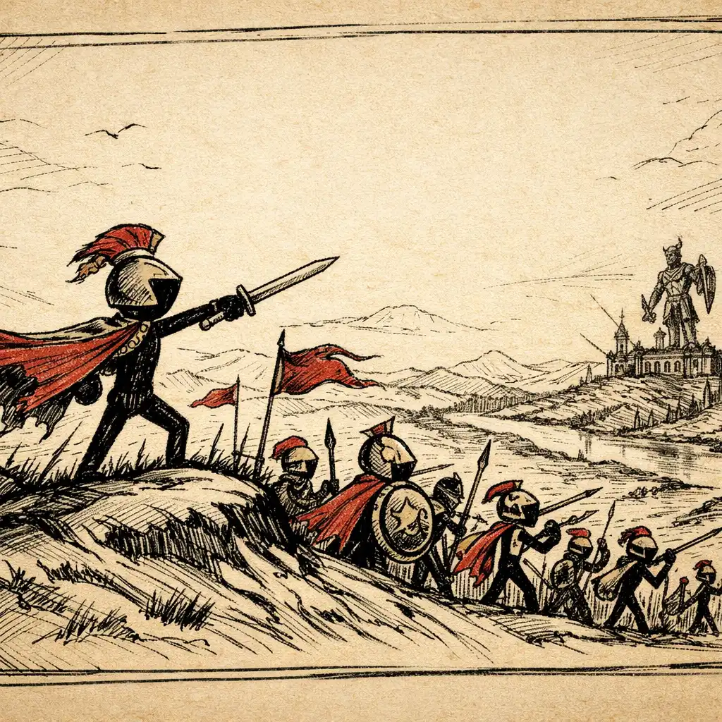 Ilustracja dowódcy armii stickmanów prowadzącego oddziały Swordwrath, Speartons i Archidons w kierunku wrogiego posągu w świecie Inamorty