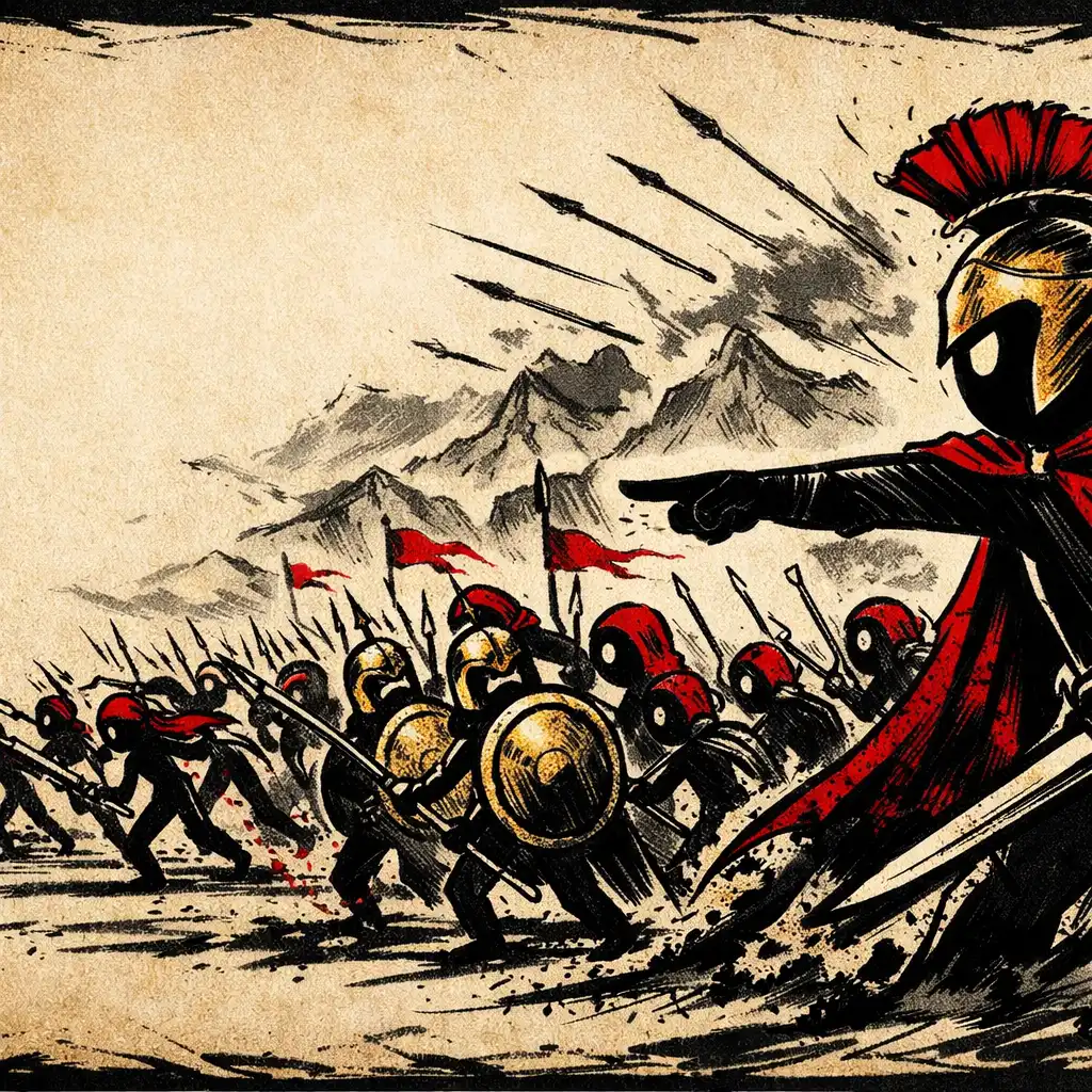Dowódca stickman wydaje rozkazy armii na polu bitwy