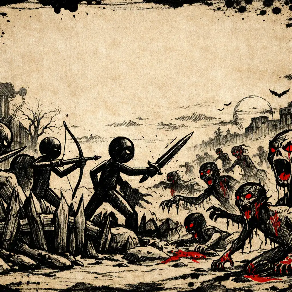 Stickmany bronią się przed falą zombie