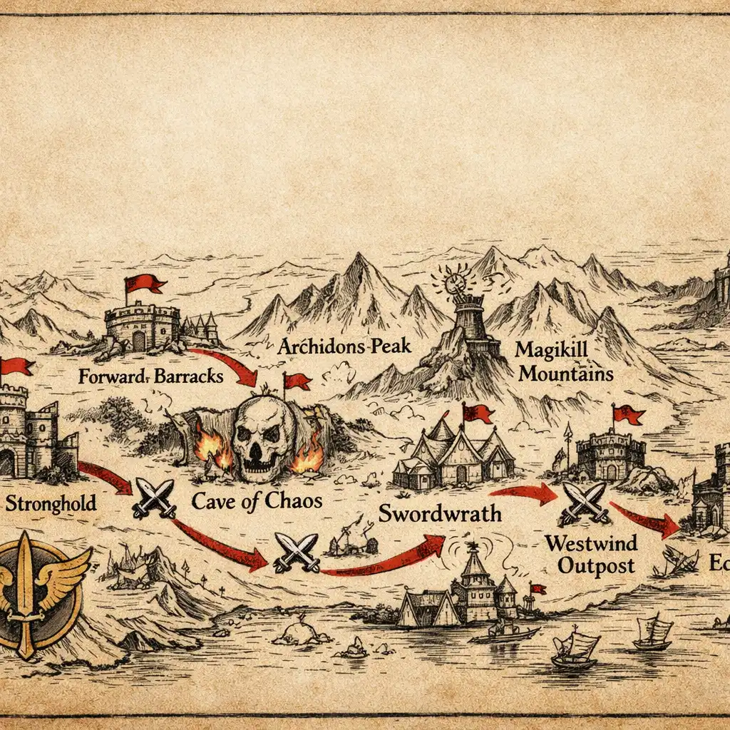 Mapa kampanii z linią postępu przez terytoria Inamorty
